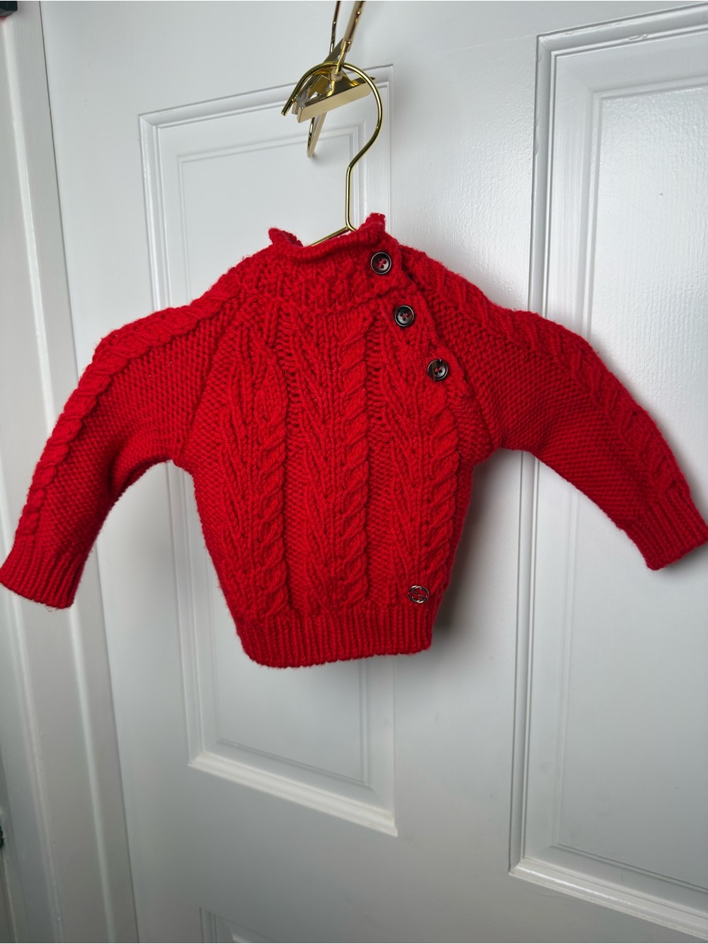 Gucci Red Cable Knit Sweater with Shoulder Button Detail 0-3 months